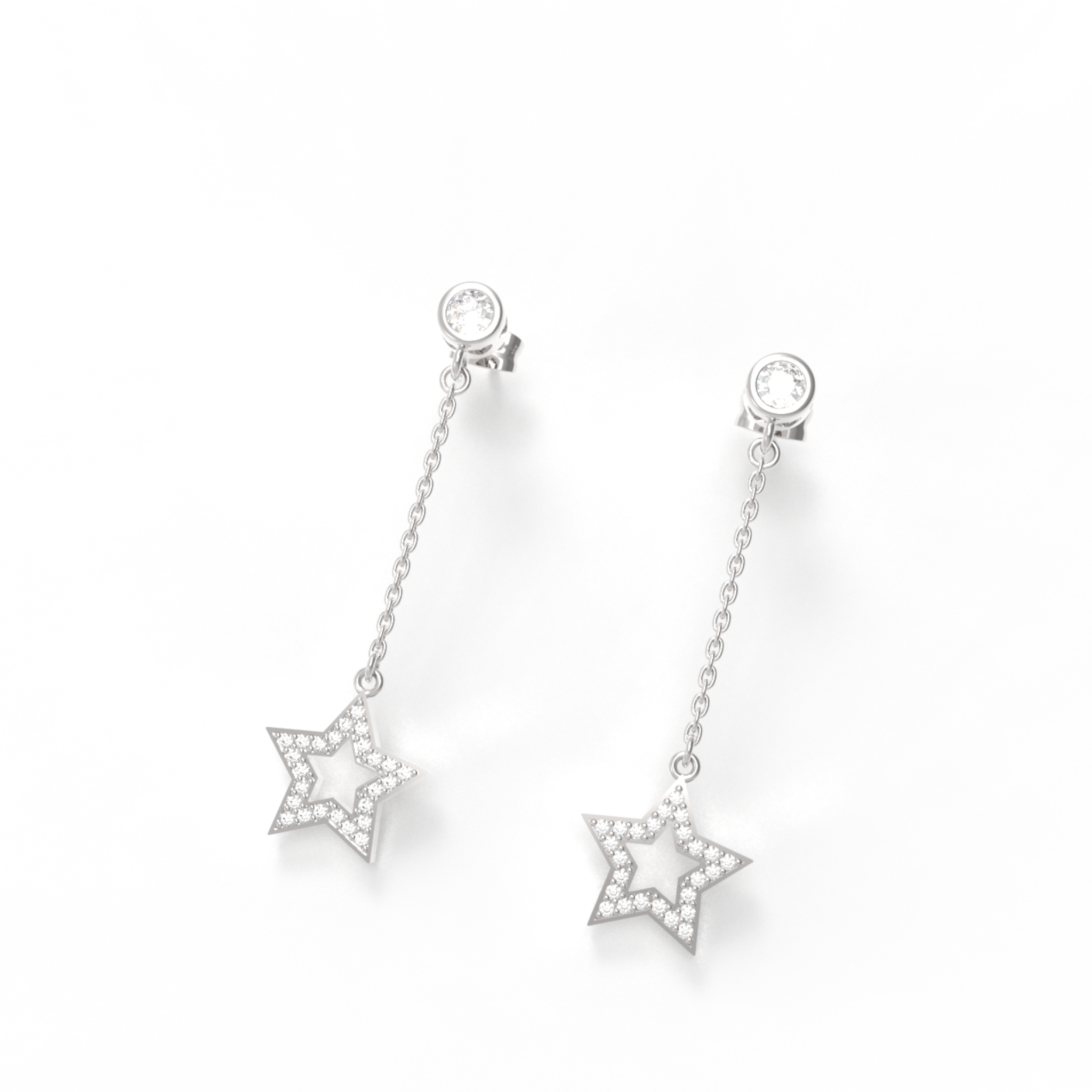 CZ Star Moon Celestial Dangle Chain Earrings, Hallmarked 925 Sterling Silver